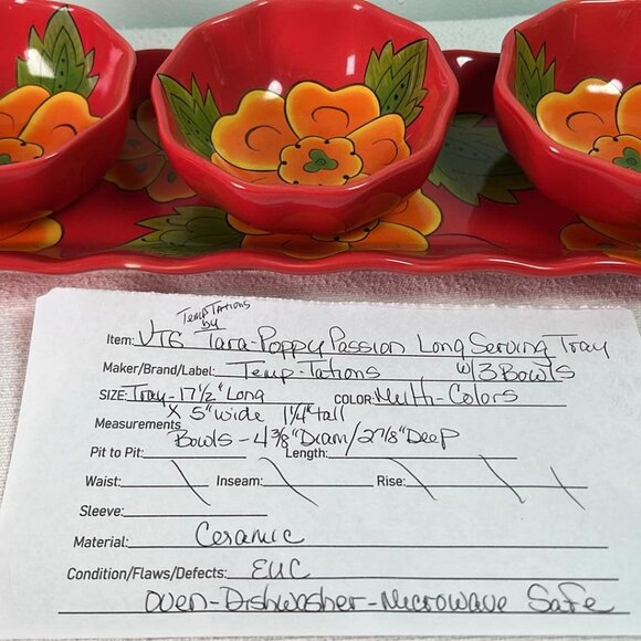 TempTations Retired Poppy Passion Serving Tray W/3 Bowls Chips & Salsa Time - Picture 2 of 10